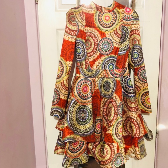 Unique Exotic High Fashion Flare Carretto Print Geometric Dress Knee Length Midi - Picture 6 of 11